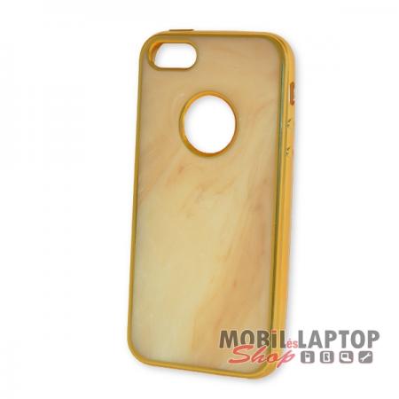 Szilikon tok Apple iPhone 5 / 5S / SE bézs márvány minta arany kerettel